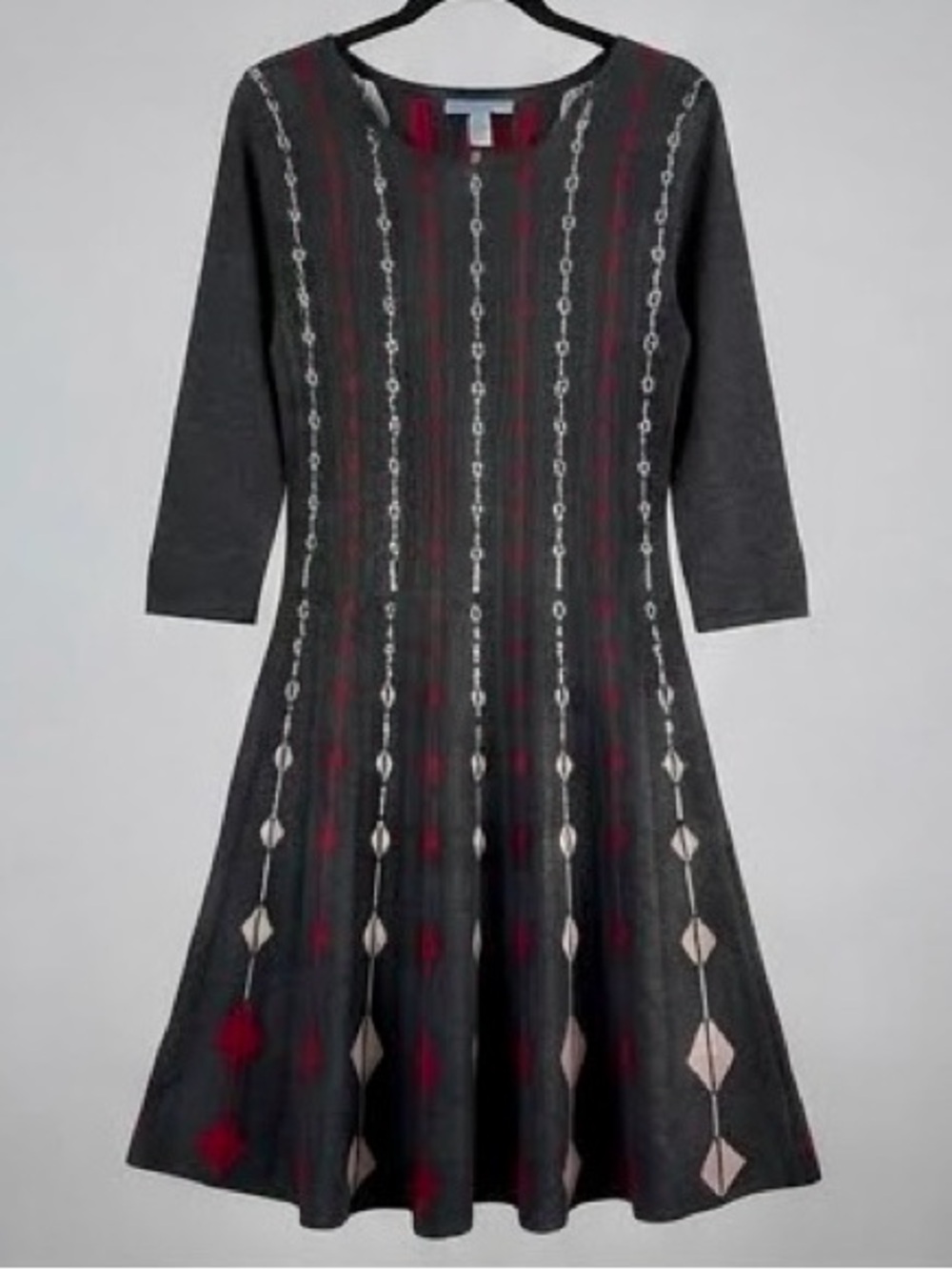 Charcoal Gray Dress with Red and Cream Accents - Size L